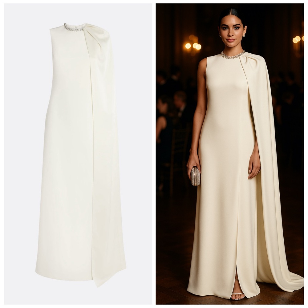 SAFIYAA Asan Long Dress Ivory White Sz 8 Satin Cape Crystal Wedding Gown NWT